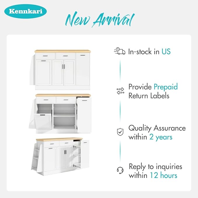 58'' Multi-Functional Storage Sideboard with Trash Can Storage and Adjustable Shelves, Console Table with Sliding Door Cabinet, Kitchen Island with 3-Tier Spice Rack for Dining Room (White)