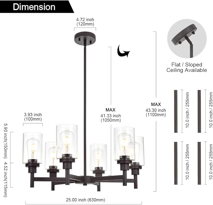 VINLUZ 6 Light Farmhouse Chandelier Classic Pendant Lighting Oil-Rubbed Bronze Industrial Ceiling Lighting Fixture with Clear Glass Shades for Dining Room Kitchen Livingroom