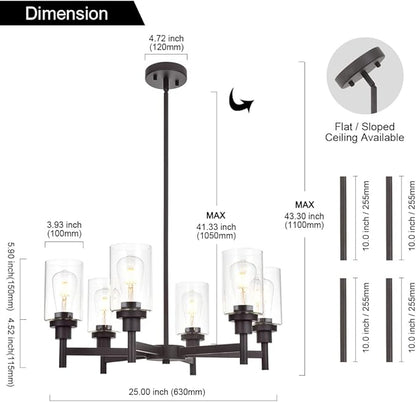 VINLUZ 6 Light Farmhouse Chandelier Classic Pendant Lighting Oil-Rubbed Bronze Industrial Ceiling Lighting Fixture with Clear Glass Shades for Dining Room Kitchen Livingroom