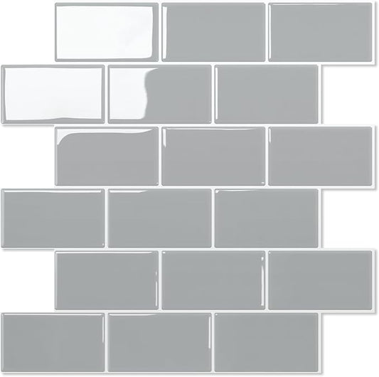 STICKGOO 1-Sheet Subway Tiles Self Adhesive Kitchen Splashbacks, Peel and Stick Wall Tile Stickers, Stick on Tiles Splashback (Light Grey, Thicker Design)