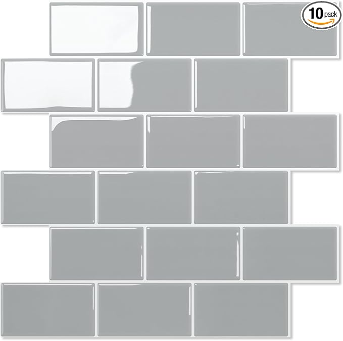 STICKGOO 10-Sheet Subway Tiles Self Adhesive Kitchen Splashbacks, Peel and Stick Wall Tile Stickers, Stick on Tiles Splashback (Light Grey, Thicker Design)