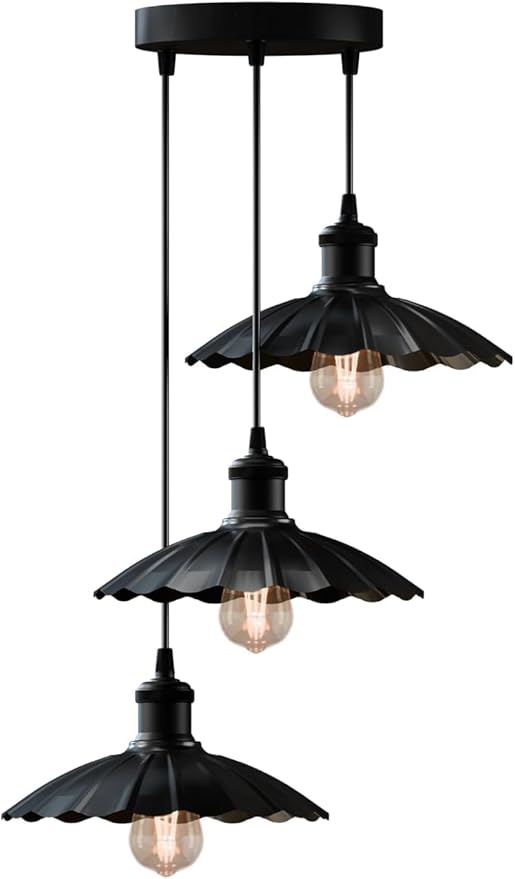 3-Lights Industrial Pendant Light with E26 Base Metal Umbrella Shade Pendant Lighting Adjustable Industrial Retro Style Hanging Light Fixture for Kitchen, Farmhouse (3 Way Black)