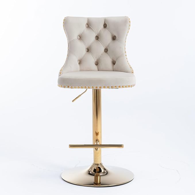 Furniture,Golden Swivel Velvet Adjusatble Seat Height from 25 33 Inch,Modern Upholstered Bar Stools with Backs Comfortable Tufted for Home Pub and Kitchen Island,Beige,Set of 2