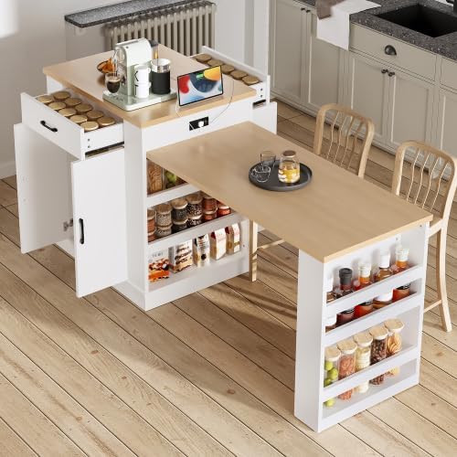 Bellemave Kitchen Island with Extendable Dining Table, 80.7" Kitchen Storage Islands with Double-Door Cabinet, Power Outlet, 2 Drawers & 2 Open Shelves, Temporary Breakfast Bar (White/80.7")
