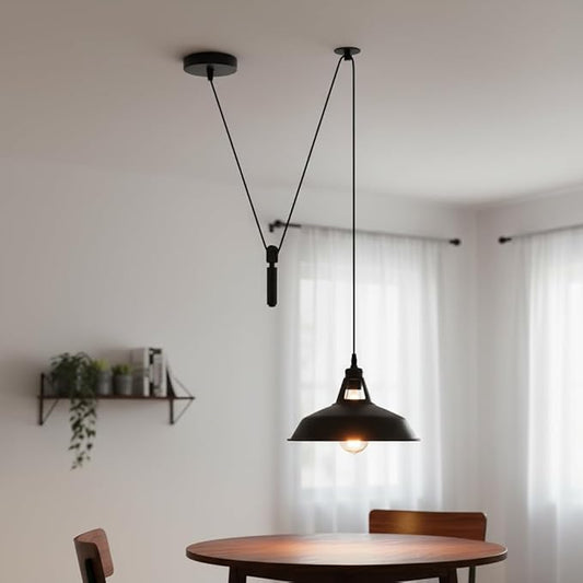 Black Barn Adjustable Pulley Pendant Light – Retro Industrial E26 Hanging Ceiling Lamp Fixture for Kitchen Island, Dining Room, Living Room, Bar & Café Décor (2M, Black)