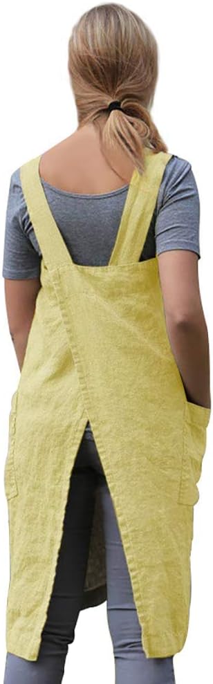 Larmliss Women's Pinafore Square Apron Baking Cooking Gardening Works Cross Back Cotton/Linen Blend Dress with 2 Pockets