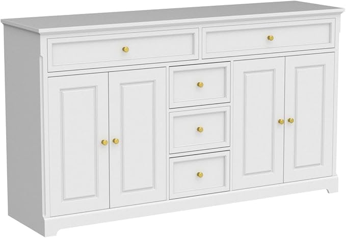 ECACAD Sideboard Buffet Cabinet with 4 Storage Compartments & 5 Drawers, Kitchen Console Table Storage Cabinet Coffee Bar for Living Room, Hallway, White