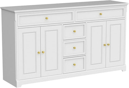 ECACAD Sideboard Buffet Cabinet with 4 Storage Compartments & 5 Drawers, Kitchen Console Table Storage Cabinet Coffee Bar for Living Room, Hallway, White