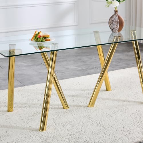 Donext 71" Rectangular Tempered Glass Dining Table, Sturdy Metal Legs, Modern Kitchen Dining Room Table, Easy to Clean, Gold