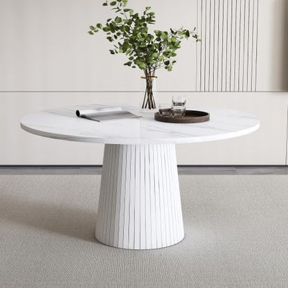 Farmhouse Round Dining Table Set for 4, 47 in Kitchen Table with MDF Tabletop & Base, Beige Fabric Upholstered Chairs with Walnut-Grain Metal Legs for Home Small Apartment (White)