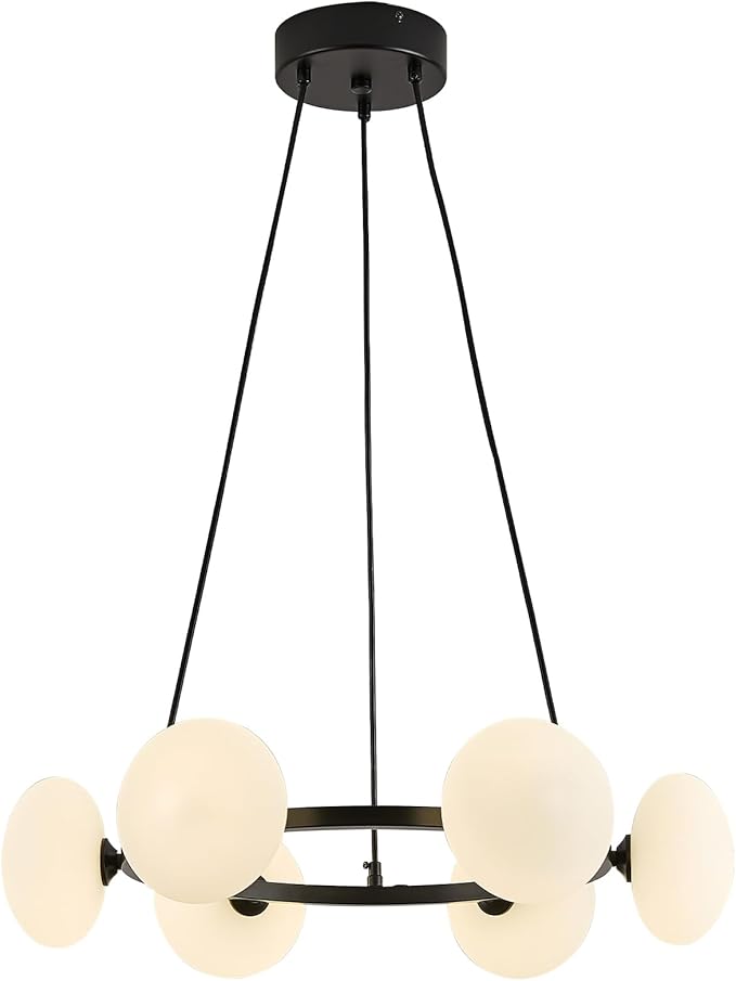 Black Wagon Wheel Chandelier, 6-Light Globe Chandelier, Mid Century Dining Room Light Fixture with Milk Glass Shades