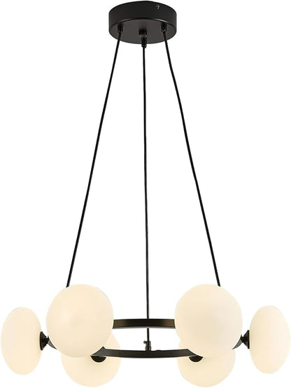 Black Wagon Wheel Chandelier, 6-Light Globe Chandelier, Mid Century Dining Room Light Fixture with Milk Glass Shades