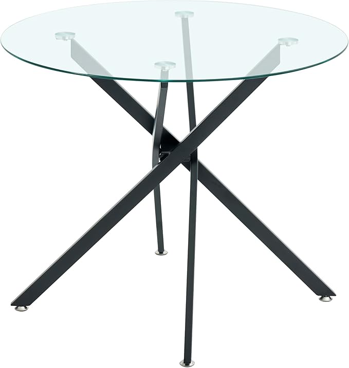 Round Glass Dining Table,Glass Dining Room Table with Metal Legs, Modern Glass Kitchen Table for Home, Kitchen, Dining Room