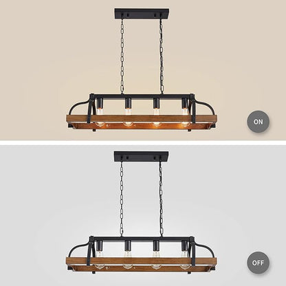 WUZUPS 4-Light Metal Pot Hanging Rack Chandelier Imitation Wood Grain Linear Pendant Ceiling Lighting Rustic Farmhouse Fixture Kitchen Island Dining Room, H 9.8" x L 34.6" x W11.8, E26 Base, Black