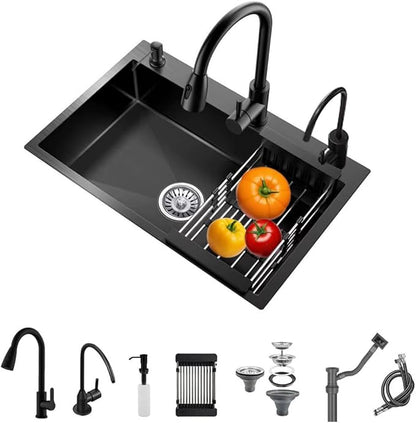 21.7 * 17.7in Drop In Kitchen Sink,Black Stainless Steel Single Bowl Sink,Topmount Workstation Sink With Pull Out Faucet,Soap Dispenser And Drain Basket
