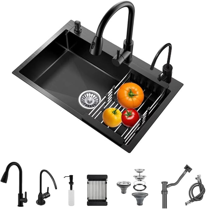 29.5 * 17.7in Drop In Kitchen Sink,Black Stainless Steel Single Bowl Sink,Topmount Workstation Sink With Pull Out Faucet,Soap Dispenser And Drain Basket