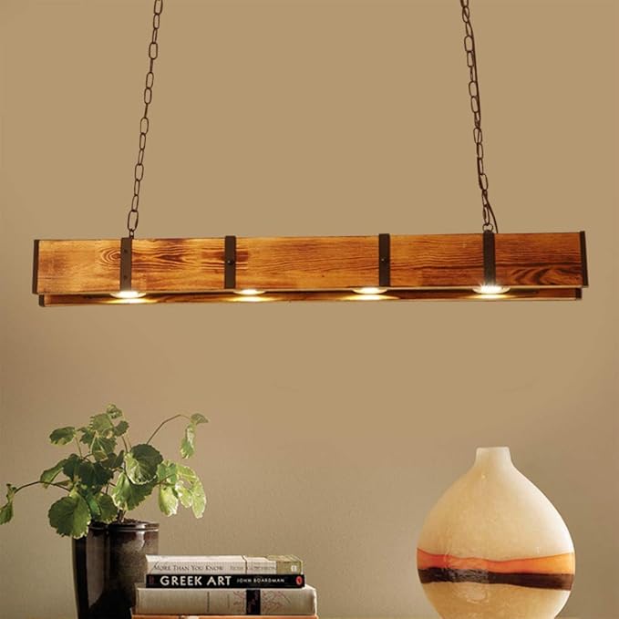 Wood Linear Pendant Lamp, 4 Lights Rustic Linear Chandelier Table Pendant Lamp, Wood Beam Farmhouse Island Hanging Light Fixture for Dining Room Bar Kitchen
