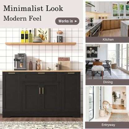 Bellemave Sideboard Buffet Cabinet with Drawer & Adjustable Shelves, Modern Kitchen Pantry with 3-Tier Pull-Out Rack, Coffee Bar Cabinet with Storage for Dining Room, Living Room, Kitchen (Black/54)