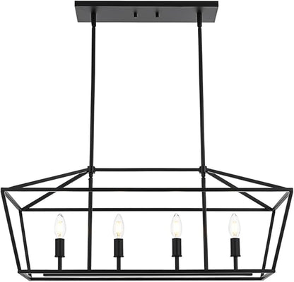 BONLICHT 4 Light Kitchen Island Linear Pendant Lighting Industrial Large Black Farmhouse Chandelier Modern Rectangle Dining Room Light Fixtures Hanging Ceiling Over Table,E12 Base