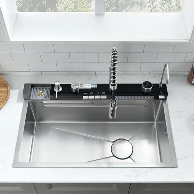 30 Inch Waterfall Smart Kitchen Sink -Wesliv 30x18 Waterfall Kitchen Sink Stainless Steel Digital Display Pull-Out Faucet 18 Guage Single Bowl Sinks with Cup Washer & Soap Dispenser