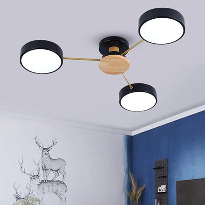 LED Ceiling Light Fixture,26 Inch 3-Lights Modern Ceiling Lights Flush Mount Wooden 24W Dimmable Chandelier for Living Room Bedroom Kitchen,3000K/4000K/6000K Temperatures Selectable Black