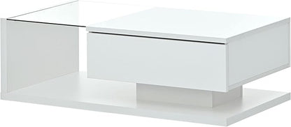 Modern Coffee Table with Tempered Glass, Wooden Cocktail Table with High-Gloss UV Surface, Modernist 2-Tier Rectangle Center Table for Living Room, White