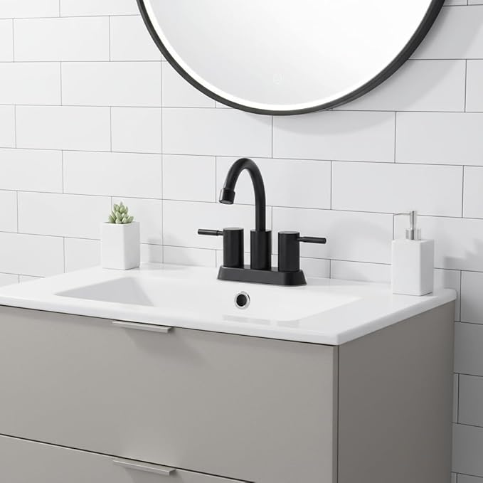 IKEBANA Modern Matte Black Bathroom Faucet, 2 Handle 4 Inch Centerset Sink Faucet, 360° Swivel High-Arc Spout Stainless Steel for RV Vanity Lavatory with Pop-up Drain and Supply Lines