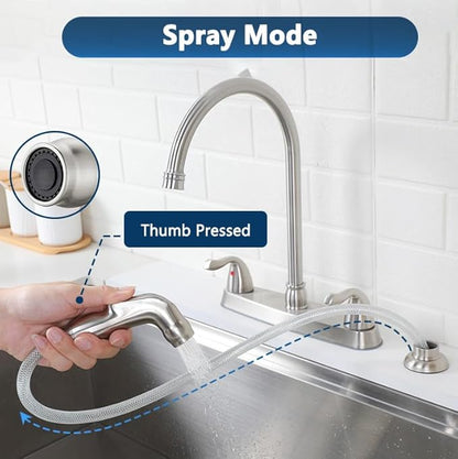 HOTIS Kitchen Faucet with Side Sprayer, 2 Handle 3 or 4 Hole Kitchen Sink Faucets 8 Inch RV Kitchen Faucet with Supply Lines, 360 Swivel Kitchen Faucet Brushed Nickel, HT-SLYT004L-S-1