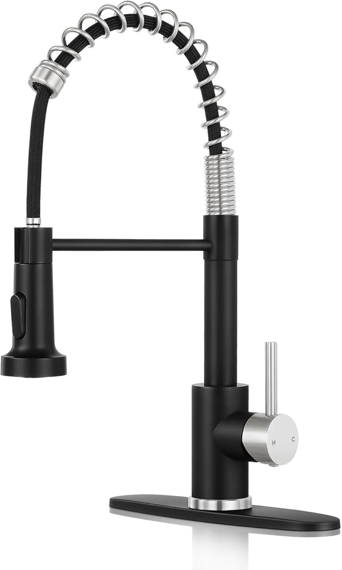Kitchen Faucet with Pull Down Sprayer,Commercial Single Handle Stainless Steel Kitchen Faucets with Deck Plate (Black&Brush Nickel)