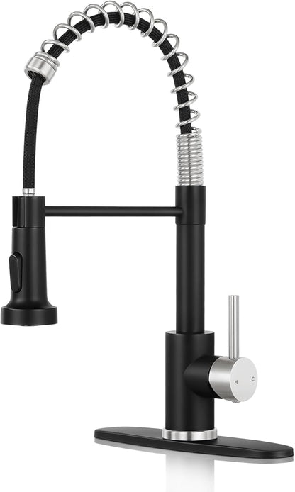 Kitchen Faucet with Pull Down Sprayer,Commercial Single Handle Stainless Steel Kitchen Faucets with Deck Plate (Black&Brush Nickel)