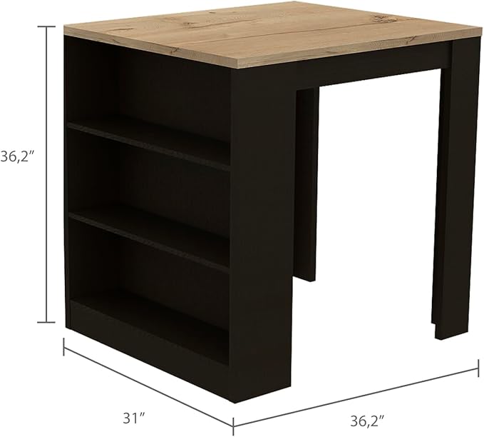 Kitchen Island Table, Two Legs, Three Side Shelves, Black/Pine