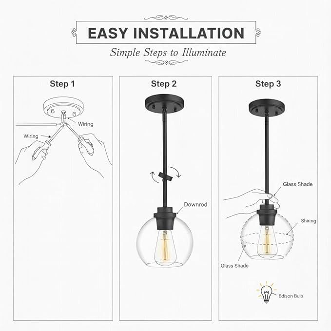 Globe Pendant Light – 7 Inch Clear Glass Modern Hanging Fixture, Black Finish Adjustable Height & Sloped Ceiling Compatible for Kitchen Island Dining Room Bedroom Hallway Farmhouse, 1 Pack
