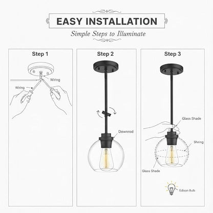 Globe Pendant Light – 7 Inch Clear Glass Modern Hanging Fixture, Black Finish Adjustable Height & Sloped Ceiling Compatible for Kitchen Island Dining Room Bedroom Hallway Farmhouse, 1 Pack
