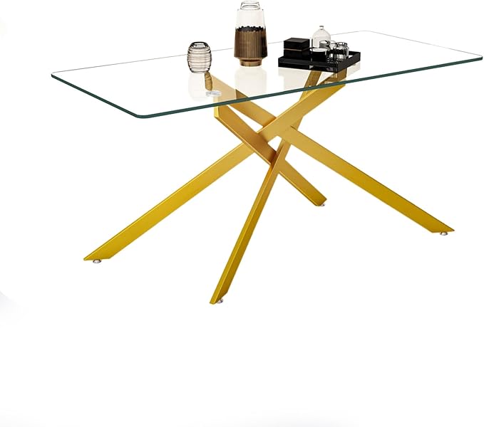 Glass Dining Table,60.63'' Rectangular Dining Kitchen Table,Modern X-Design Dining Room Table with Gold Stainless Steel Base for Dining Room (Gold,61'')