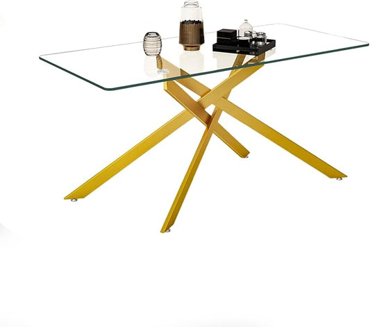 Glass Dining Table,60.63'' Rectangular Dining Kitchen Table,Modern X-Design Dining Room Table with Gold Stainless Steel Base for Dining Room (Gold,61'')