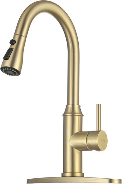 Gold Kitchen Faucet with Sprayer,Single Handle Kitchen Sink Faucet with Pull Out Sprayer, Champagne Bronze, Arofa Brushed Gold Brass Faucets for RV/Outdoor/Bathroom Sink