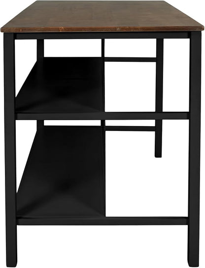 45" Vintage Wood Kitchen Island Cart, Dining Table Prep Table with 2 Open Shelves Butcher Block Island Table for Small Places, Dining Room, Living Room & Bedroom, Walnut+Black