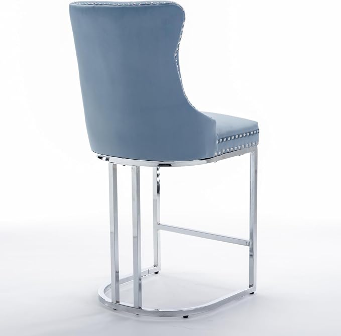 26" Counter Height Bar Stools Set of 2, Velvet Bar stools with Button BackRivet Trim Upholstered Kitchen Island Chairs with Sturdy Chromed Metal Base Legs Bar Stools,Light Blue,2 Pack