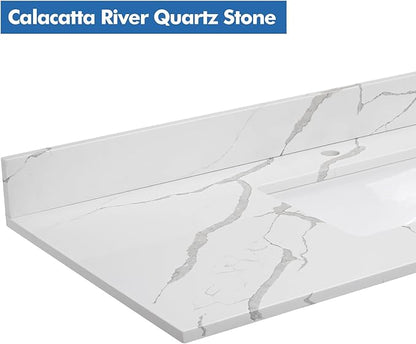 24 in.W x 22 in.D Quartz Calacatta River Vanity Top,with Undermount Middle Sink Vanity Top,with One Sidesplash & One Backsplash,Single Faucet Hole Spread Bathroom Vanity Sink Countertop