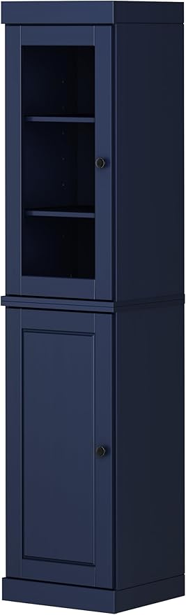 Palace Imports Solid Wood Kitchen Pantry - Narrow Storage Cabinet - 16.5" Wide x 71.5" Tall - 1 Raised Panel & 1 Glass Door, Navy Blue, Adjustable Shelves, 100% Eco-Friendly Wood, Modular Cabinets