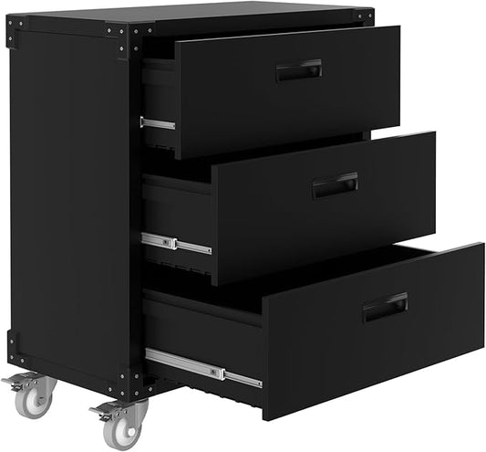 3-Drawer Heavy Duty Rolling Steel Tool Cabinet on Wheels - 35.4" Metal Mobile File Cabinet with Lock for Garage, Workshop, Warehouse, Home and Office - Easy Assembly Utility Black Filing Cabinet
