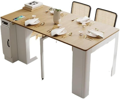 Extendable Dining Table with 3 Removable Middle Leaves, Mobile Rolling Island Table with Power Outlet, Saving-Space Cabinet with Storage for Dining Room and Living Room (Cream White and Natural)
