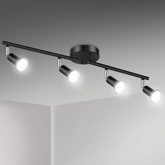 Unicozin LED 4 Light Track Lighting Kit, 24.8'' Black 4 Way Ceiling Spot Lighting, Flexibly Rotatable Head, Track Light Included 4 x LED GU10 Bulb (4W, Daylight White 5000K, 400LM)