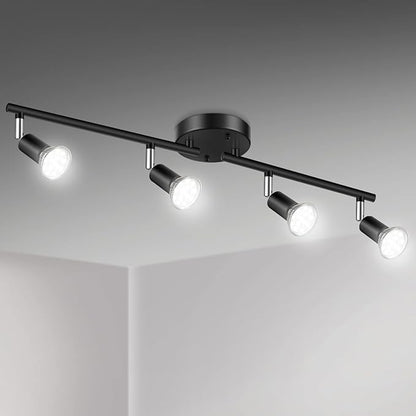 Unicozin LED 4 Light Track Lighting Kit, 24.8'' Black 4 Way Ceiling Spot Lighting, Flexibly Rotatable Head, Track Light Included 4 x LED GU10 Bulb (4W, Daylight White 5000K, 400LM)