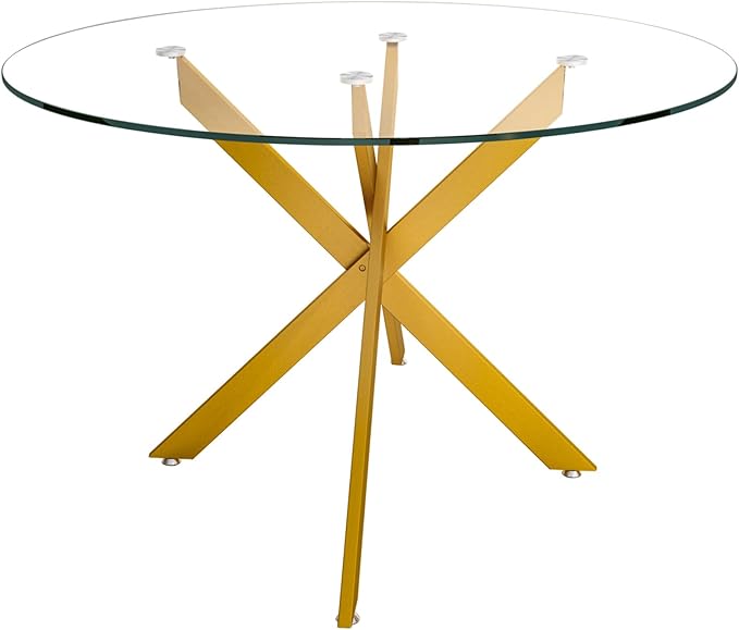 SSLine Glass Dining Table,47.25'' Round Dining Kitchen Table,Modern X-Design Dining Room Table with Gold Metal Base for Dining Room (Gold,47'',Round)