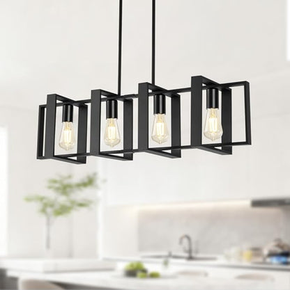 Dining Room Light Fixture, 4-Light Kitchen Island Lighting, Height Adjustable Island Lights For Kitchen, Black Linear Chandeliers For Dining Room, Metal Farmhouse Chandelier for Living Room(No Bulb)