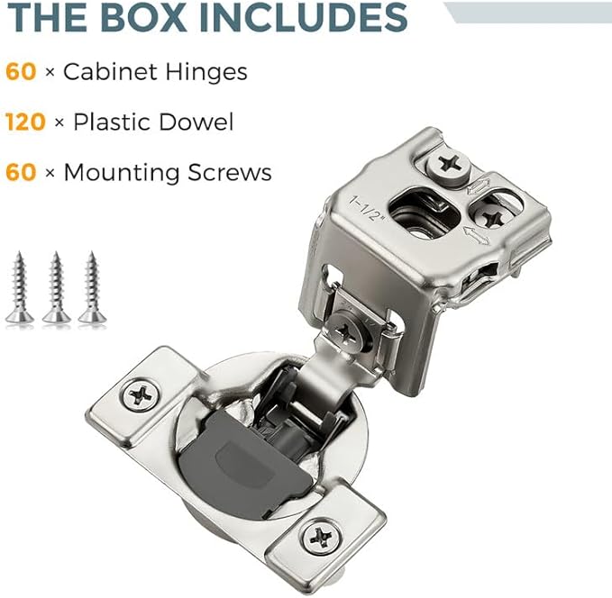 HOME EDIT 60 Pack 30 Pairs 1-1/2 inch Overlay Soft Close Cabinet Hinges for Kitchen, Stainless Steel Three-Way Adjustable, Concealed Self-Closing Door Hinges