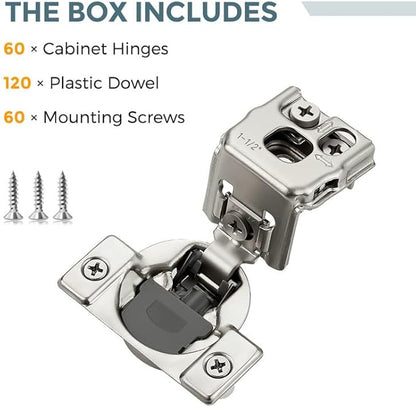 HOME EDIT 60 Pack 30 Pairs 1-1/2 inch Overlay Soft Close Cabinet Hinges for Kitchen, Stainless Steel Three-Way Adjustable, Concealed Self-Closing Door Hinges