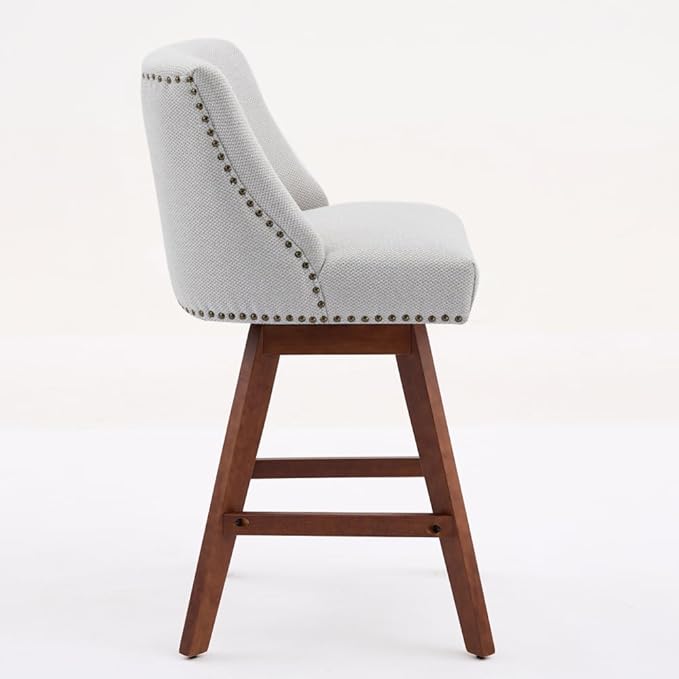 Comfortable Upholstered Swivel Bar Stool with Wooden Legs and Soft Fabric Seat for Kitchen Island or Home Bar Use (Beige + Wood+Fabric + Foam)