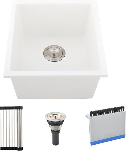 19 Inch Undermount Bar Sink, 19x19 White Quartz Granite Composite Small Undermount Kitchen Sink Single Bowl Square Deep Wet Bar Basin with Small Squeegee Brush Combo